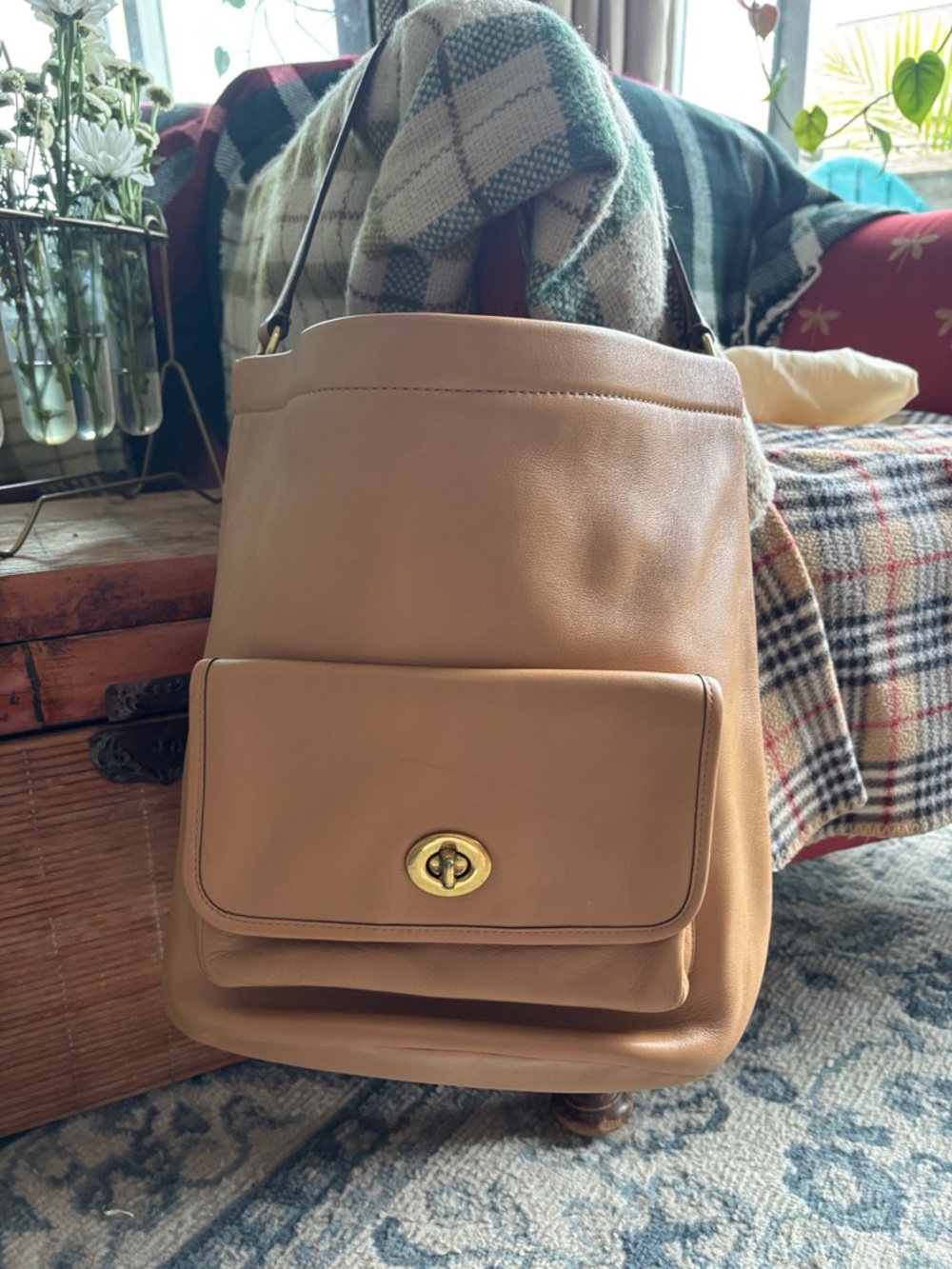 Coach Tan Leather “Courtney”bucket Shoulder Bag with Front Turn-Lock Pocket
